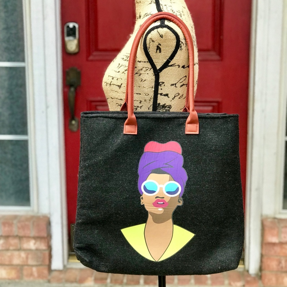 New Turban Wrap ladies tote bag. Graphic design on one side of bag.